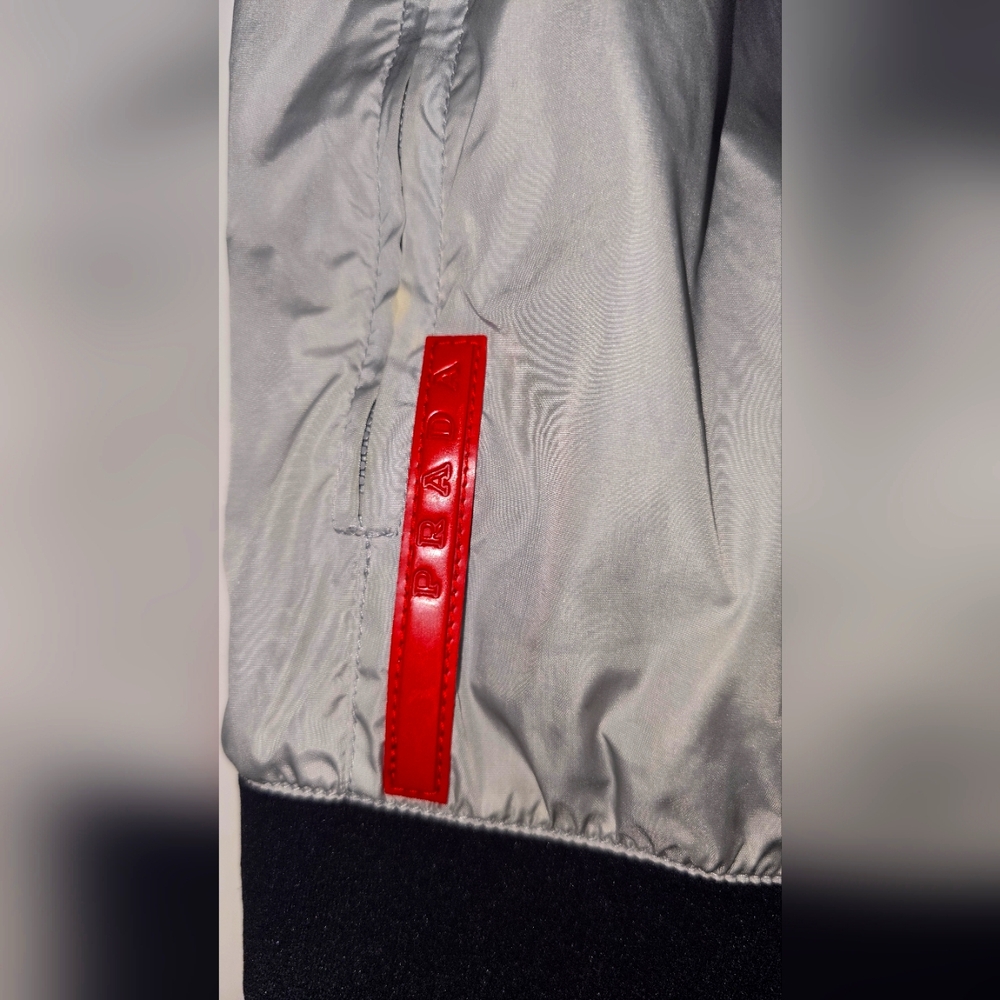 Authentic Prada Silver Jacket with Red Detail